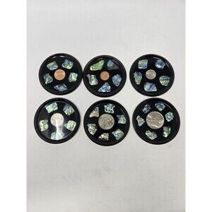 VINTAGE DRINK COASTER SET OF 6 NEW ZEALAND PAUA SHELL & COINS MONEY COLLECTIBLE